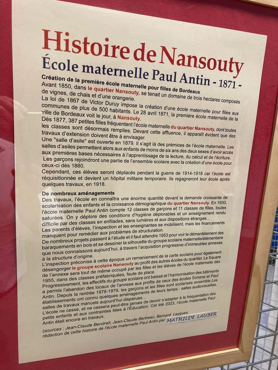 Panneau de l'exposition Histoire de Nansouty, école Paul Antin
